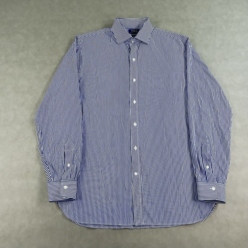 Polo Ralph Lauren Mens Slim Fit Striped Dress Shirt Blue White Large 17 *Read